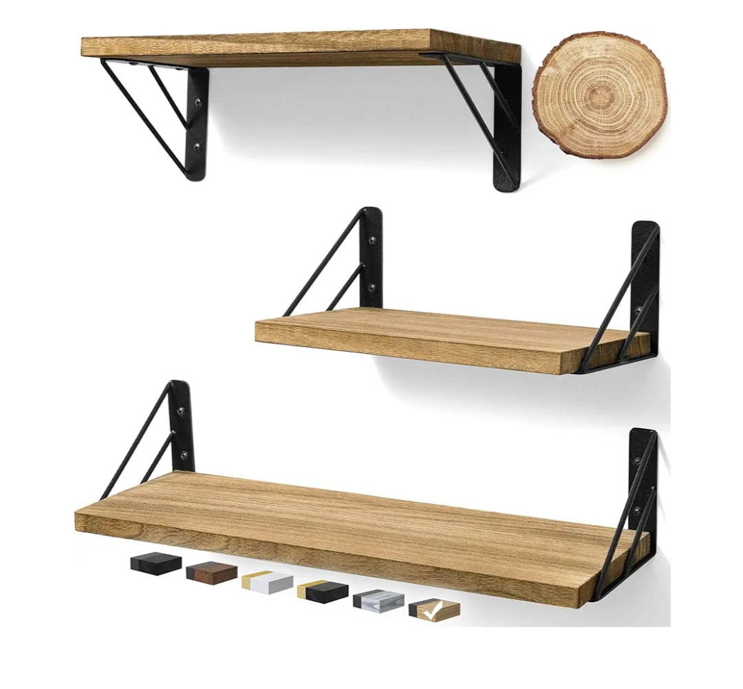 BAYKA Wall Shelves for Bedroom Decor, Floating Wall Shelves for Living Room Kitchen Storage, Wall Mounted Rustic Wood Floating Shelves for Kids Books, Corner Shelves for Bathroom, Brown，Set of 3)
