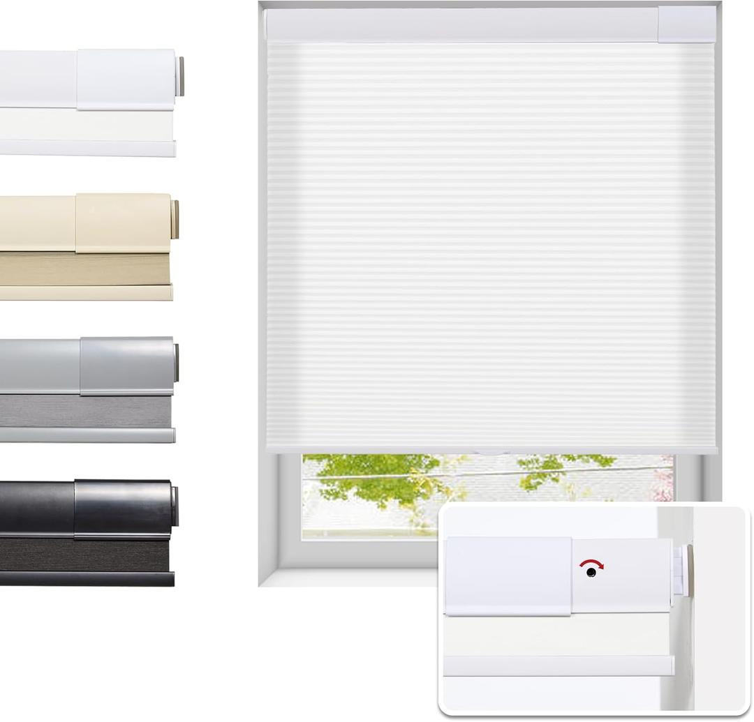 Tonature No Drill Cellular Shades for Indoor Windows, Thermal Insulating & Noise Reducing Honeycomb Blinds, Cordless Free Stop Blinds Light Filtering, White, 25" W x 64" H