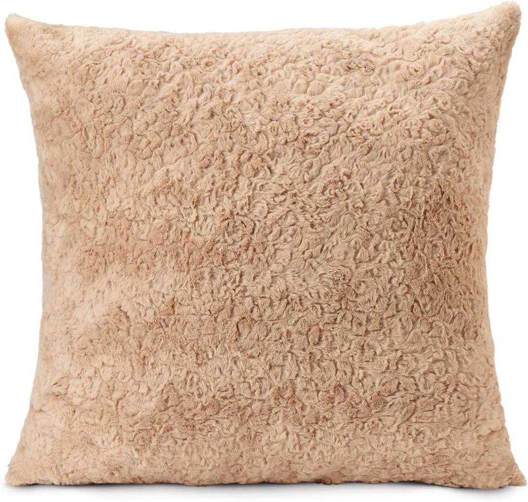 NORTHWEST HGTV Curlicue Faux Fur Throw Pillow, Ultra-Soft Wool-Like Texture, Cozy Decorative Accent for Bed, Couch, or Chair, Luxe Neutral Cushion, 22 x 22 inches, Tan