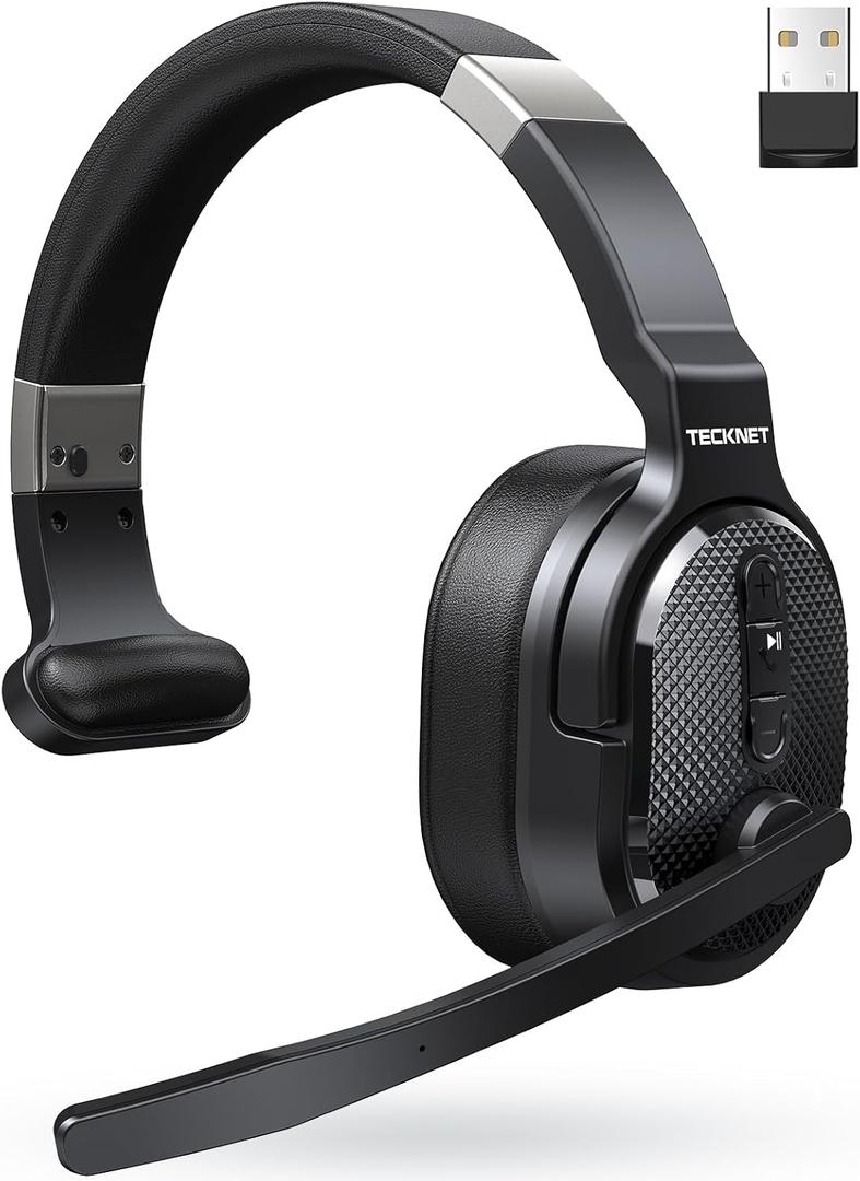 TECKNET Trucker Bluetooth Headset, Stable V5.2 & USB Dongle Connection, 70h Wireless Bluetooth Headsets with Mic and Mute, ENC Noise Canceling, Headset for Truck Drivers, Cell Phone, PC Comfort Office (Black - Non removable)