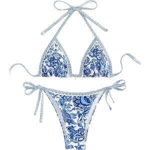 BYFINECANY Women's Floral Printed Bathing Suit Halter Paisley Summer Swimsuit Bikinis Set Blue XS