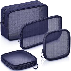 Weewooday 4 Pcs Mesh Makeup Bag Mesh Cosmetic Bag Travel Toiletry Pouch with Zipper Mini Makeup Cosmetic Purse for Daily Accessory(Small, Large, Medium,Navy Blue)