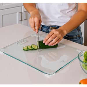 Tempered Glass Cutting Board , Large 12x16 Glass Cutting Board for Kitchen with 4 NonSlip Feet, Heat & Shatter Resistant, Dishwasher Safe, Includes Bonus Sponge & Cloth,Perfect Kitchen GiftClear