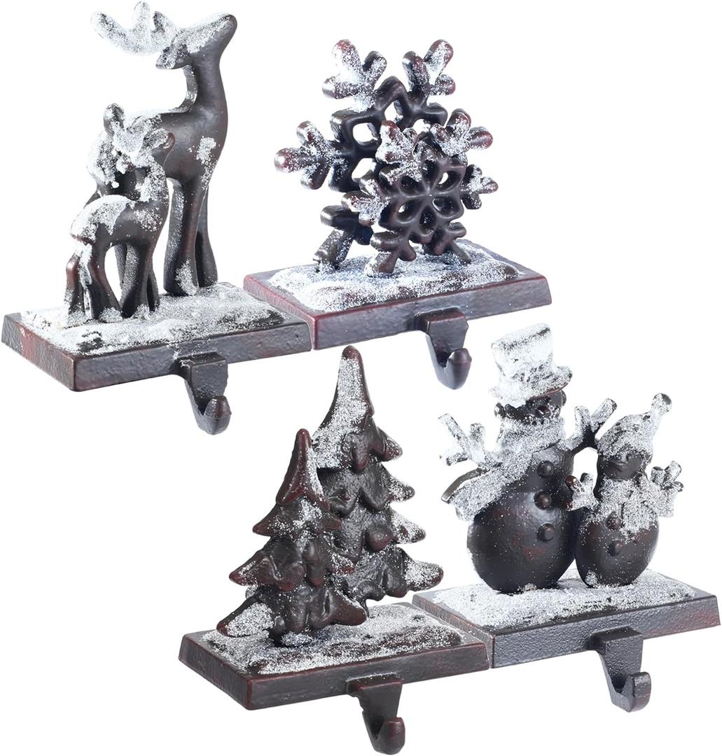 Cast Iron Christmas Stocking Holders for Mantel,Set of 4 Stocking Holder Set for Fireplace-Double Snowflake Snowman Reindeer Christmas Tree Stocking Hangers-Metal Fireplace Hooks (Set of 4 Black)