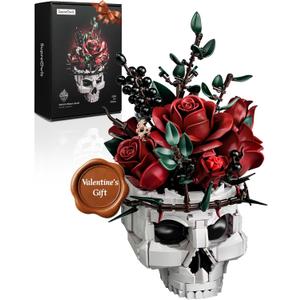 iATOM Skull Roses Flower Bouquet Building Set, Botanical Collection Kit for Adult Women, Gift for Valentines Day for Her/Girlfriend/Mom/Wife/Couple, Goth Horror Skeleton Pot Home Table Decor Aesthetic