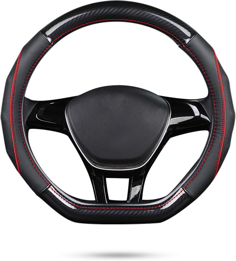 Ergocar Car Steering Wheel Cover Non-Slip Car Steering Wheel Protector Sport D-Shape Carbon Fiber & First Layer Cowhide Universal for Diameter 38cm(15") (D-Black-red)