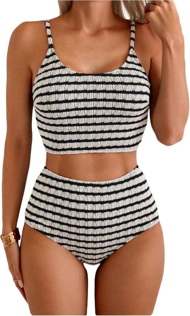 RoseSeek Women's Jacquard Textured Striped 2 Piece Bikini Sets High Waisted Panties Swimsuits Bathing Suits Beachwear (S)