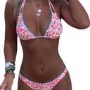 ZAFUL Bikini Sets for Women Halter Dual Straps Whip Stitch Floral Print Triangle 2 Pieces Bikini Swimsuits, Blue Medium
