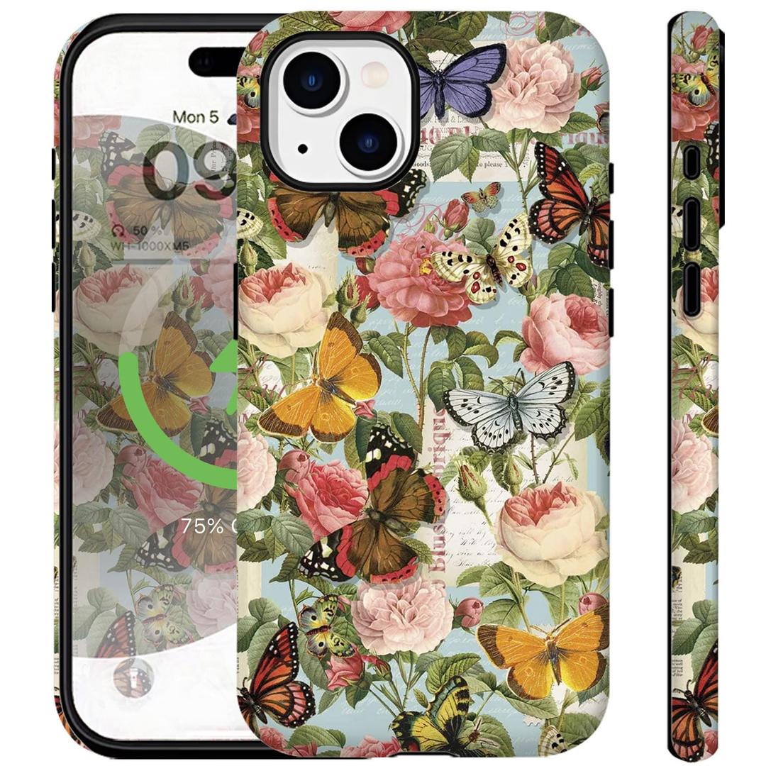 Compatible for iPhone 15 Plus Case Vintage Butterfly Rose Cute Aethetic Design for Women Girls [Compatible with Magsafe] Shockproof Anti-scratch Phone Case for iPhone 15 Plus, Retro Butterflies