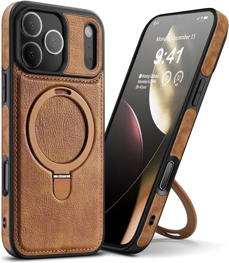 Magnetic for iPhone 17 Pro Leather Case,Invisible Stand [Compatible with Magsafe] Slim Kickstand Phone Cove for iPhone 17 Pro caseBrown