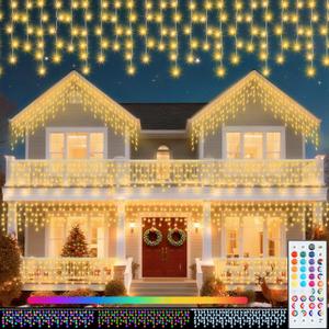Pooqla Color Changing Icicle Lights with Remote, 35 Colors Christmas Icicle Lights, 360 LED 58.2FT RGB Waterproof Hanging String Lights for Roof Window Home Party Thanksgiving Christmas Outdoor Decor
