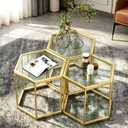 Hexagonal Modular Coffee Table, Gold Plated Frame, Tempered Glass Top, Geometric Accent Side Table, Multi-Purpose Nesting Table for Living Room Bedroom, Set of 3