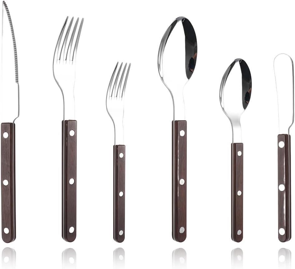 Rivet ABS Faux Wood Handle Silverware Set - 6-Piece Stainless Steel Flatware with Steak Knife, Fork, Spoon, Teaspoon, Dessert Fork and Butter Knife - Elegant Tableware Cutlery for Dining (Brown)