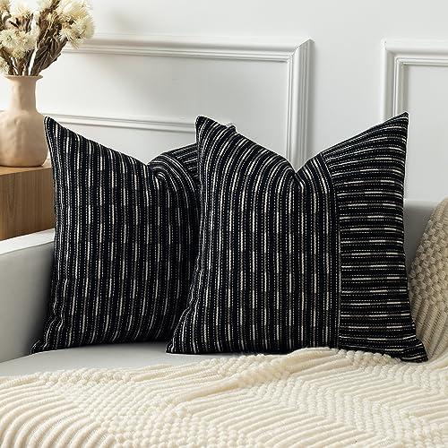 Kevin Textile Ink Black and Beige Patchwork Farmhouse Pillow Covers 16x16 Inch, Pack of 2 Striped Linen Decorative Modern Accent Pillow Cases for Sofa Couch Bedroom