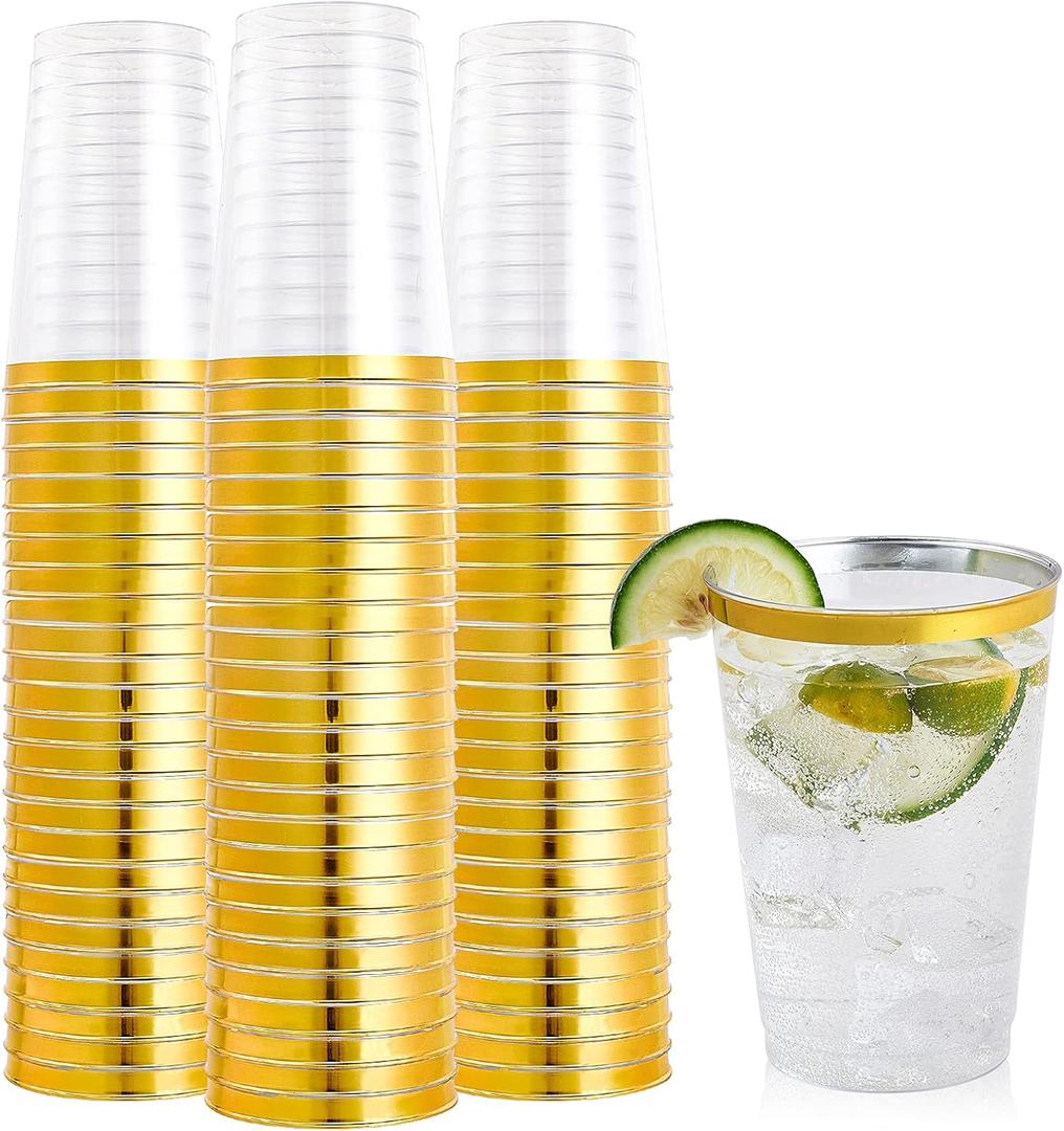 FOCUSLINE 100 Pack 12 oz Gold Rimmed Plastic Cups, 12 Ounce Clear Plastic Tumblers, Heavy-duty & Fancy Disposable Hard Cups with Gold Rim for Wedding