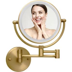 Wall Mounted Makeup Mirror with Lights, 1/10X Double Sided Rechargeable Led Wall Magnifying for Bathroom, 8 Lighted Mountable Vanity Arm Extendable Shaving Antique Brass