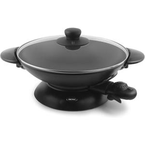 Aroma Housewares AEW-306 Electric Wok with Tempered Glass Lid Easy Clean Nonstick, Cooking Chopsticks, Tempura and Steaming Racks, Professional Model, Black