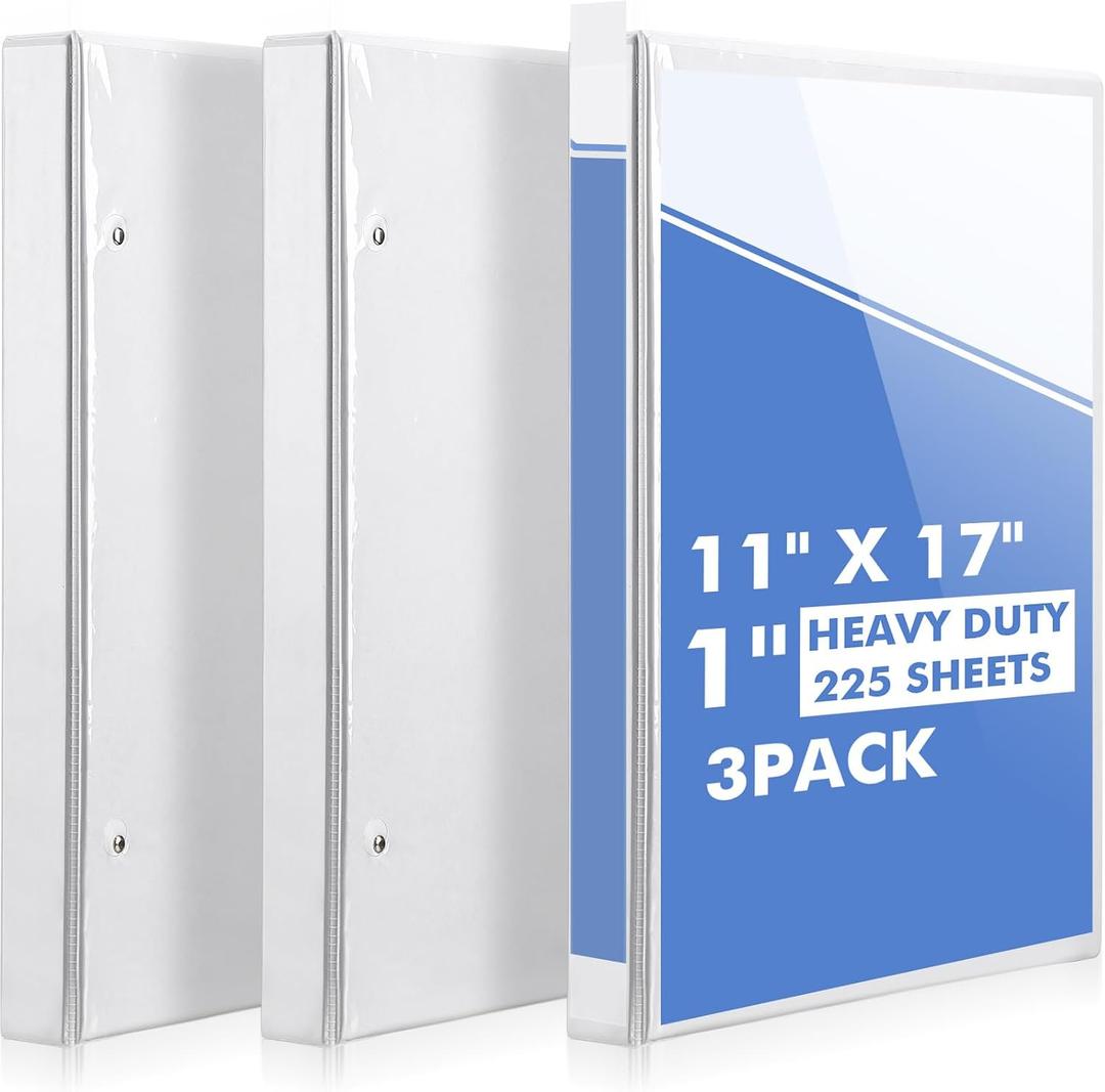 Sinload 3 Pcs 11 x 17 Binders 3 Ring 1 Inch D Ring with Pockets, White