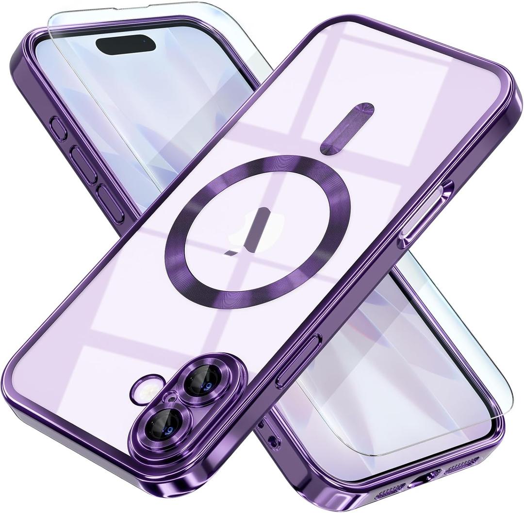 Misea Magnetic for iPhone 17 Case Compatible with MagSafe [Never Yellowing] [Military Grade Drop Protection] Full Camera Lens Protector Plating Soft Clear Phone Case for Women, Deep Purple
