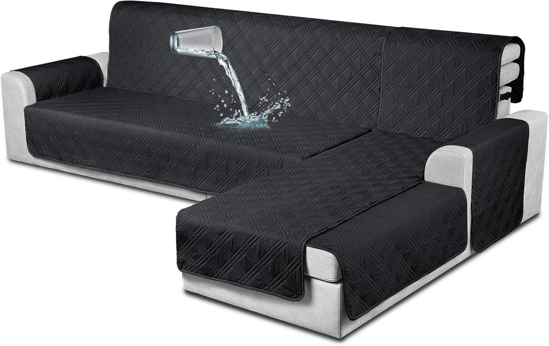 TAOCOCO 100% Waterproof Sectional Couch Covers L Shaped Sofa Covers 3pcs Chaise Lounge Cover for Pet Kids, Reversible Couch Covers for Sectional Sofa Ottoman with Elastic Straps(X-Large, Black)