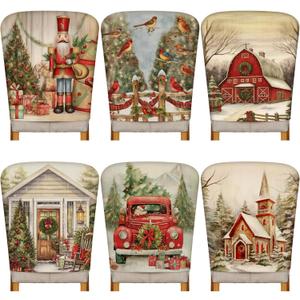 Moukeren 6 Pcs Christmas Chair Cover Set Stretch Dining Chair Back Covers Christmas Nutcracker Red Truck Slipcovers Farmhouse Removable Elastic Seat Protector for Xmas Party Dining Home Kitchen Decor