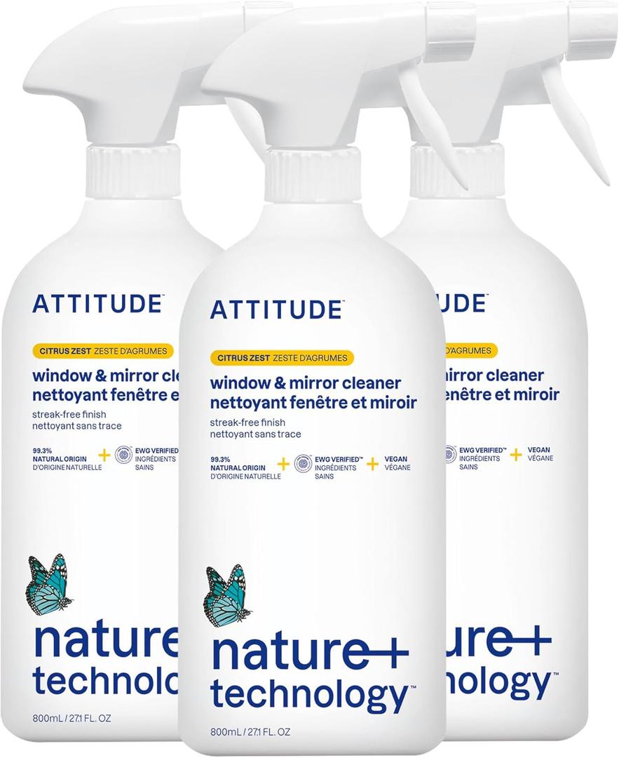 ATTITUDE Window & Mirror Cleaner, EWG Verified, Plant- & Mineral-Based, Vegan & Streak-Free Glass Spray, Citrus Zest Scent, 27.1 Fl Oz (Pack of 3)