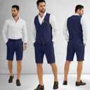 Men's Suit Linen 2 Piece Vests Short Pants Suits for Men Casual Summer Beach Groomsmen Wedding Waistcoat Set Outfit (Blue, XL)
