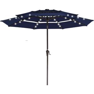 JEAREY 3 Tiers Patio Umbrella with Solar Lights 9ft Outdoor Market Table Umbrellas with Push Button Tilt for Outside Pool Garden, Navy Blue