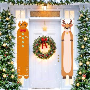 2 x 2 Pcs Christmas Door Banner Decorations Canvas Hanging Banner 36 x 7 inch Large Enamel Pin Display Porch Sign Xmas Brooch Holder for Home Office Front Door Garage Wall Hanging Decor(Elk)