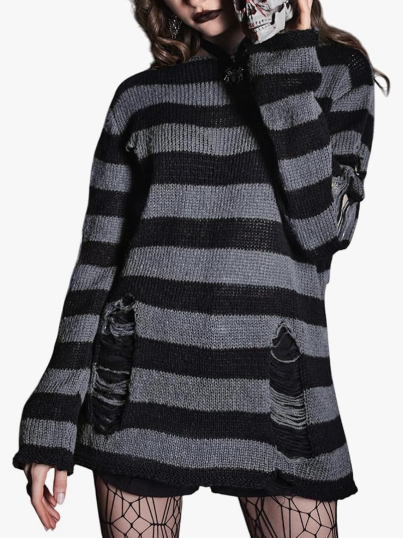 SHENHE Women's Striped Distressed Sweater Ripped Crewneck Knit Pullover Top Goth Grunge Clubwear, Size L