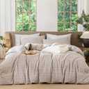 MooMee Gingham Duvet Cover Set 100% Washed Cotton Linen Like Textured Breathable Durable Soft Comfy Modern Checkered Design (Brown Gingham, Super King 108"x98") (Classic Gingham - Brown (No Comforter))