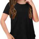 Haloumoning Girls Summer T Shirts Loose Curved Hem Short Sleeve Shirt Athletic Casual Tops Tees 4-14 Years, 140 (Black)