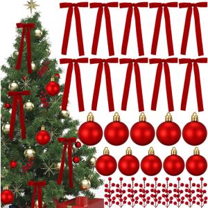 Soulchen 108 Pcs Red Christmas Tree Decorations Set Red Christmas Ornaments 36 Velvet Ribbon Bows 36 Xmas Balls 36 Artificial Berry Picks for Wreaths Garland Holiday Party Decor