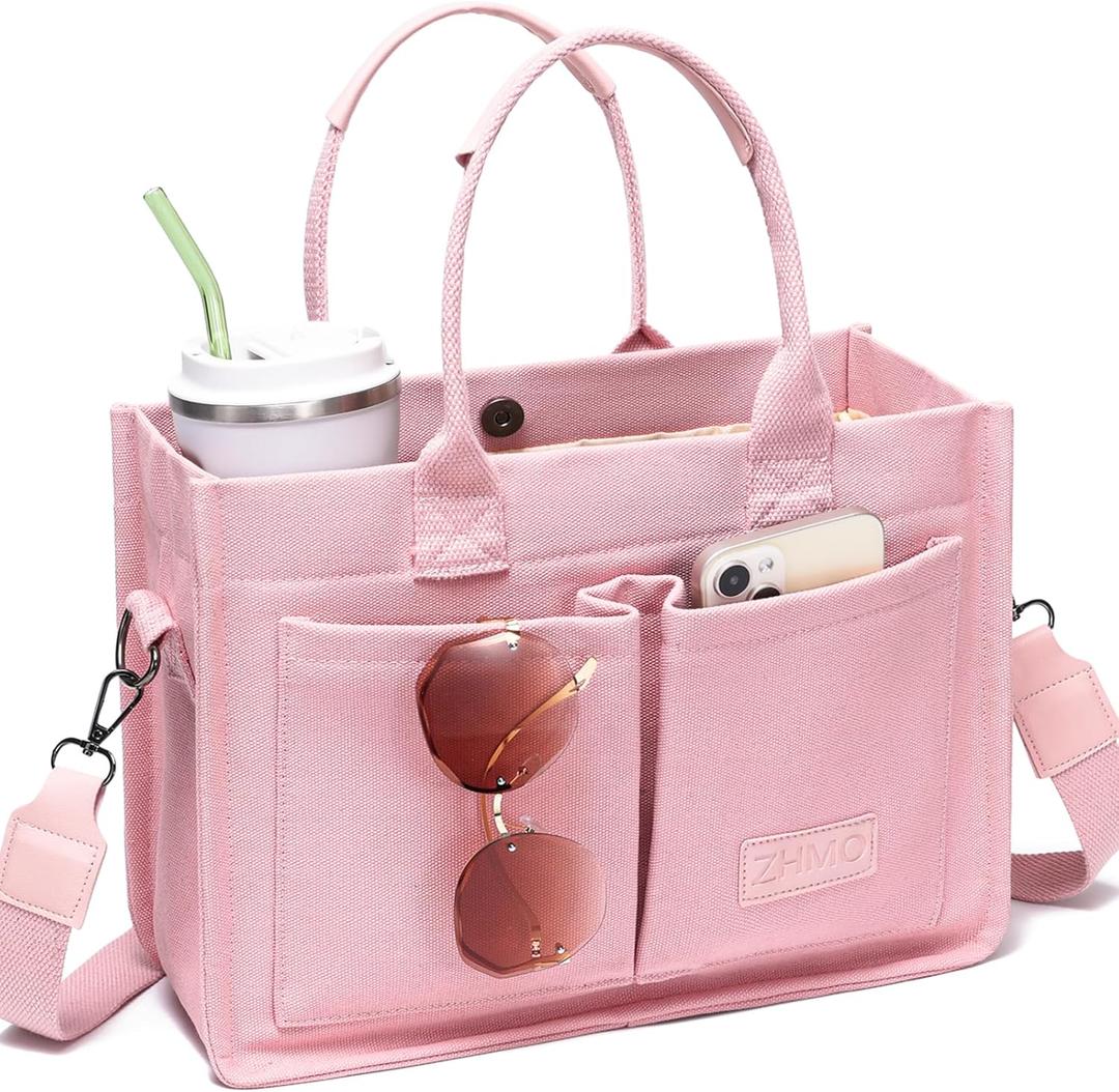 ZHMO Canvas Tote Bag for Women,Women's Bags Crossbody Bags Work Laptop Tote Bag Large Handbags Purse for Travel Nurse Teacher (Pink With Compartments)