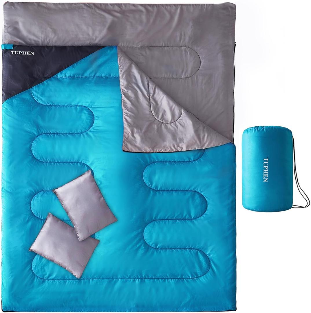 Tuphen Double Sleeping Bag, Sleeping Bag with 2 Pillows, Queen Size XL Bag for 2 People, Cold Warm Weather- 3 Seasons, Waterproof Adults for Camping, Backpacking or Hiking (Lake Blue Grey)