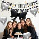 Black Bow Happy Birthday Decorations - Women Girls Bow Theme Party Decorations with Honeycomb Centerpieces, Banner, Foil Balloons, Tablecloth, Elegant Black Girly Birthday Party Decor for Girls Women