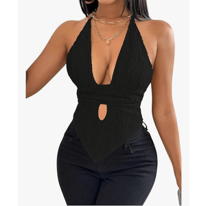 SOLY HUX Women's Deep V Neck Cut Out Halter Top Tie Backless Asymmetrical Hem Summer Tops L