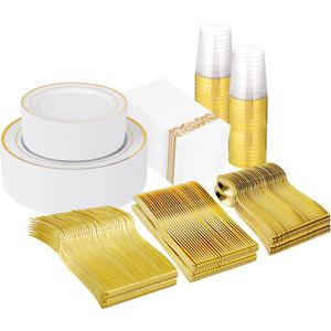 Supernal 400pcs Gold Plastic Plates for 50 Guests Heavy Duty Disposable Party Plates, 200 Gold Plastic Silverware, Linen Napkins, Clear Cups For Valentine's Day Mother's Day and Easter