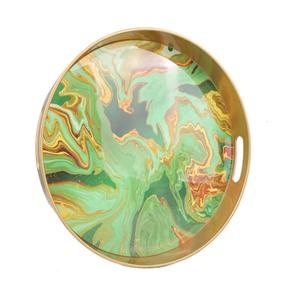 Leemxiiny Round Green Marbling Decorative Tray with Handles, 13" Morden Plastic Serving Tray for Coffee Table Bathroom, Ottoman, Home Decor