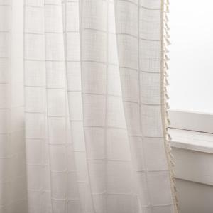 Deeprove White Boho Curtains for Bedroom 84 Inches Long, Cream Checkered Bohemian Chic Textured Embroidery Plaids, Vintage Handmade Tassels Country Decor Drapery, Rod Pocket, 1 Panel W52 x L84