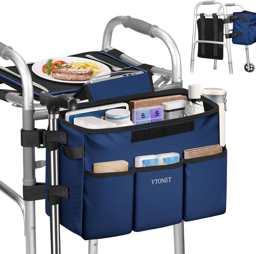 Ytonet Walker Basket with Tray, Walker Accessories for Seniors, Removable Walker Tray for Folding Walker, Large Capacity & Never Tipping Over, Water-Resistant, Walker Bag with Phone and Crutch Holder