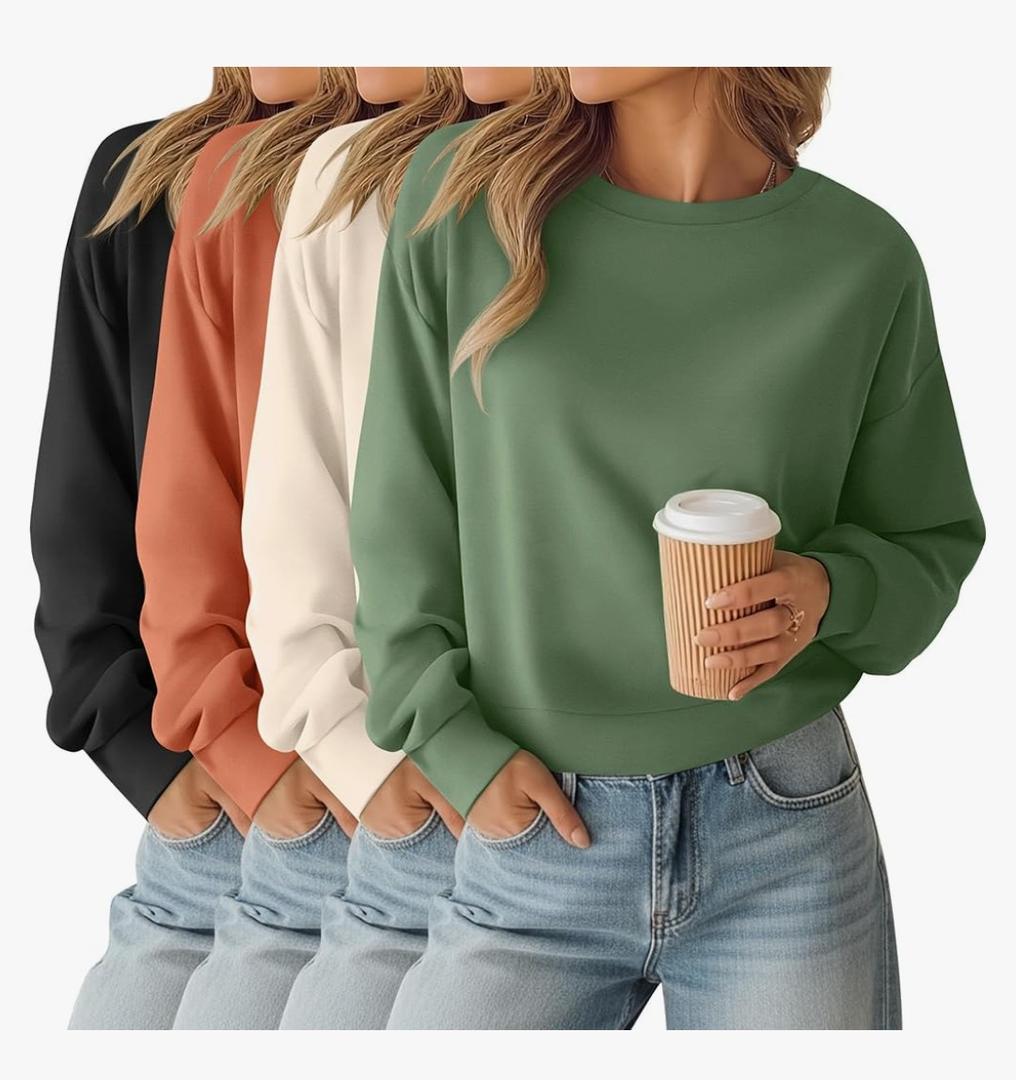 4 Pack Womens Long Sleeve Cropped Sweatshirts Crew Neck Loose Fit Pullover Thermal Tops Size, XS