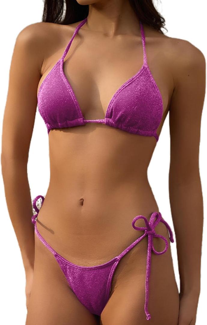 Bikini Sets Women Thongs Cheeky Two Piece Swimsuit Sexy Swimwear Triangle Cute Bathing Suit String (Purple, XS)