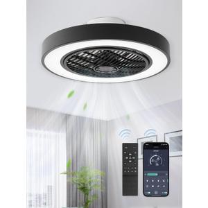 LEDIARY 20 Inch Low Profile Ceiling Fans With Lights, Led Bladeless Ceiling Fan, Remote Control Enclosed Flush Mount Ceiling Fan With Timming, 3000-6000K, 6 Wind Speed, 3000LM, 57W-Black