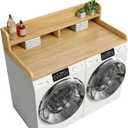 sykart Washer and Dryer Countertop with Shelf, 2-Tier 54" x 27.5" Wood Laundry Countertop Non-Slip Pads, Washer Dryer Topper with High Edge Rails and Hooks, Waterproof & Heat Resistant Top (Gray)