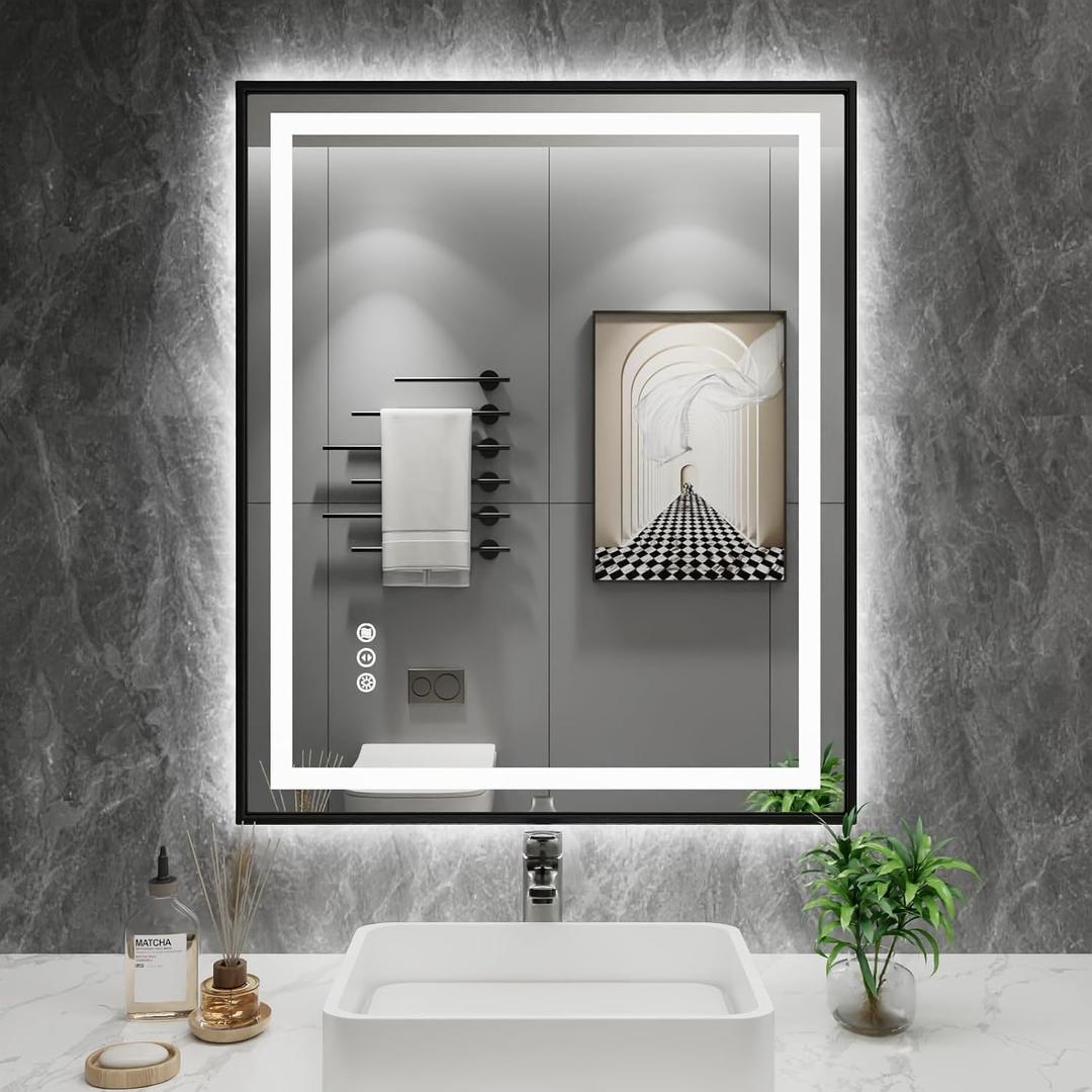 Amorho LED Bathroom Mirror, 24"X30" Front Light and Backlit with Black Frame, Stepless Dimmable, Anti-Fog, Shatter-Proof, Memory, 3 Colors, Double LED Vanity Mirror