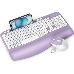 Wireless Keyboard and Mouse Combo, Wave Keys Full-Sized Ergonomic Keyboard with Cushioned Plam Rest, Phone Holder, Comfortable Natural Typing, 2.4G Cordless Set for Computer, Laptop, Pc, Mac, Windows (Purple)