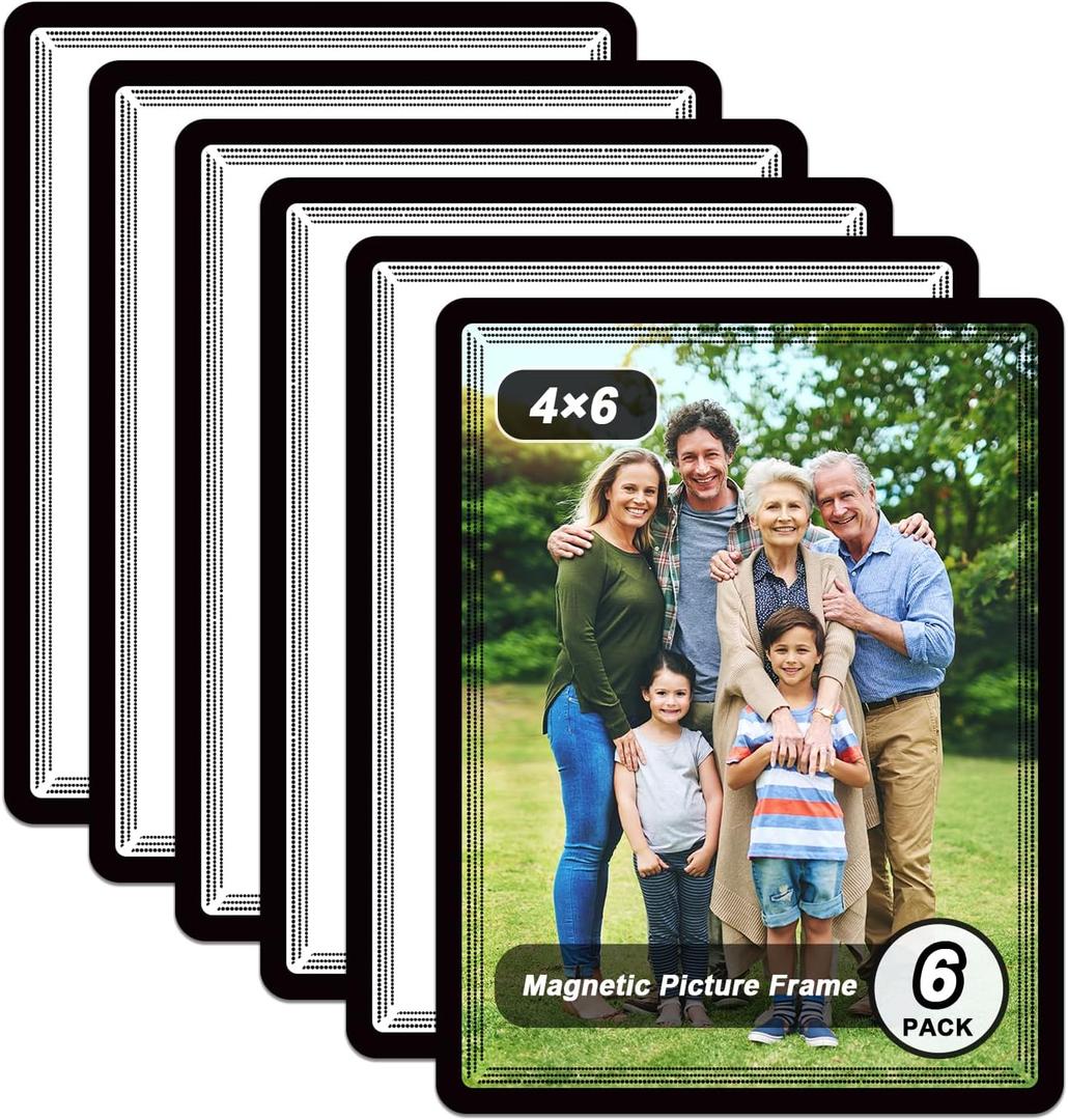 Magnetic Sticky Frames 4X6 with No-Residue Adhesive Backs,Work For Smooth Surface-Windows/Door/Glass/Ceramic,Black Dots Decoration Border,Photo Paper Easy Changable(6 Pack)