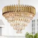 AXILIXI Modern Crystal Chandelier Gold, 24" Round Chandeliers for Dining Room K9 5 Tiers Ceiling Pendant Light Fixtures Golden Large Raindrop Flush Mount Chandelier for Foyer Living Room Staircase