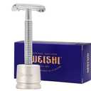 WEISHI Chrome Long Handle Butterfly Open Double Edge Safety Razor Kit - 1 Razor, 1 Stand & 10pcs Blades